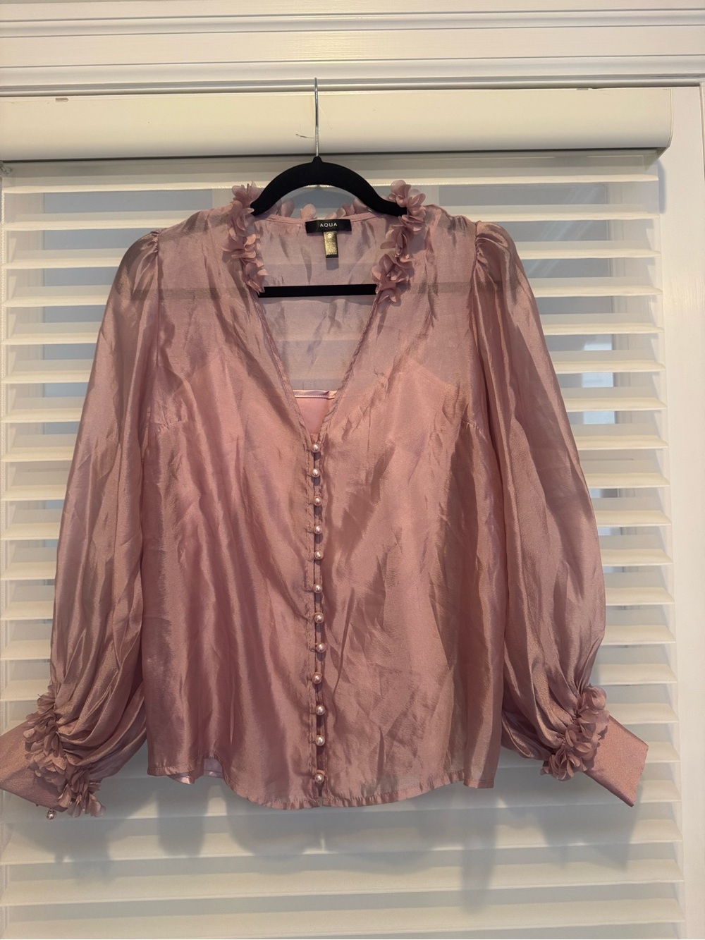 Aqua Dusty Rose Satin Pearl-Button Blouse
